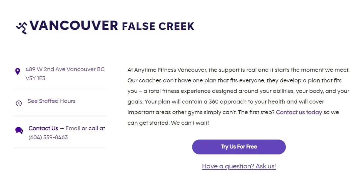 Vancouver False Creek Anytime Fitness address and phone number