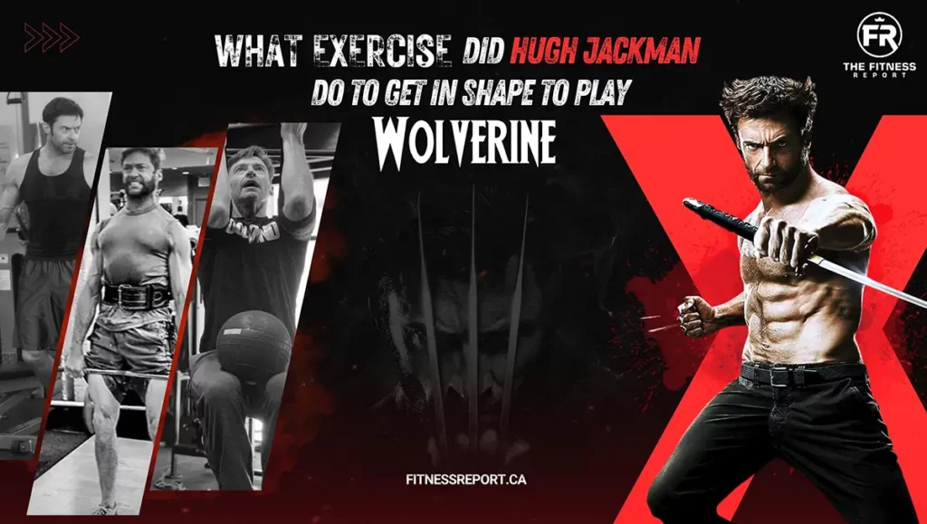 Hugh Jackman doing a variety of different exercises (deadlifts, and abs). Wolverine is also holding a samurai sword. 