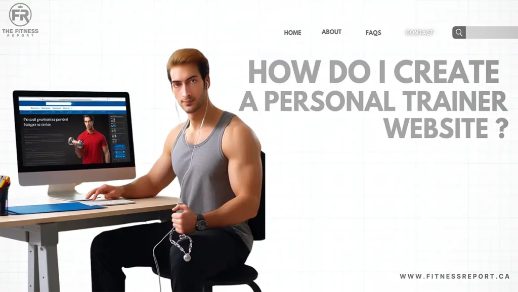A man in a grey tank top with headphones sitting at a desk working on a website.