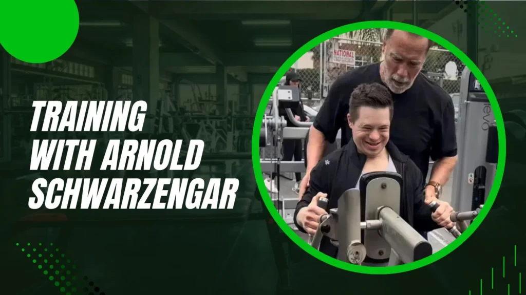 Kyle and Arnold Schwarzenneger training at Muscle Beach in California.