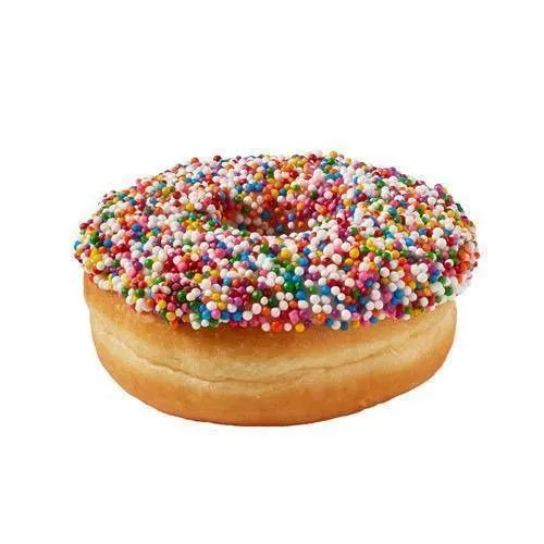 tim-hortons-vanilla-dip-donut - Fitness Report A vanilla dip donut with round rainbow sprinkles.