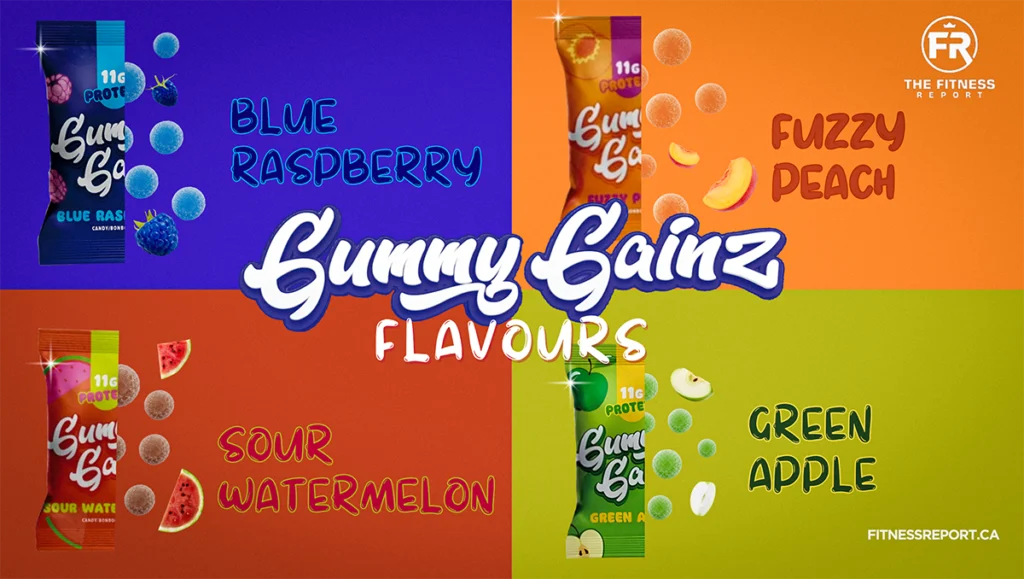 Gummy Gainz flavours (blue raspberry, fuzzy peach, sour watermelon, green apple)