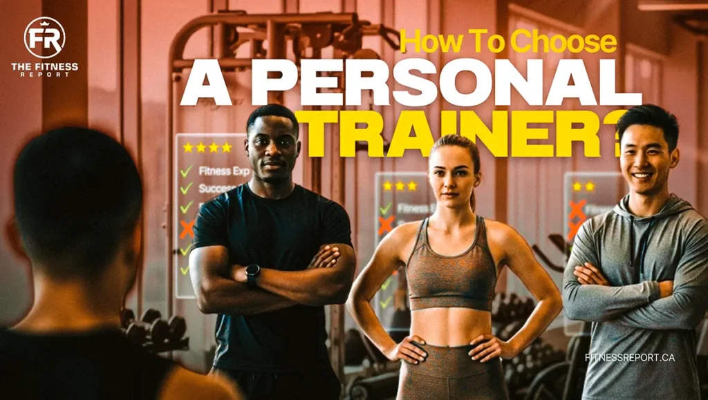 A man talking with personal trainers inside a gym.